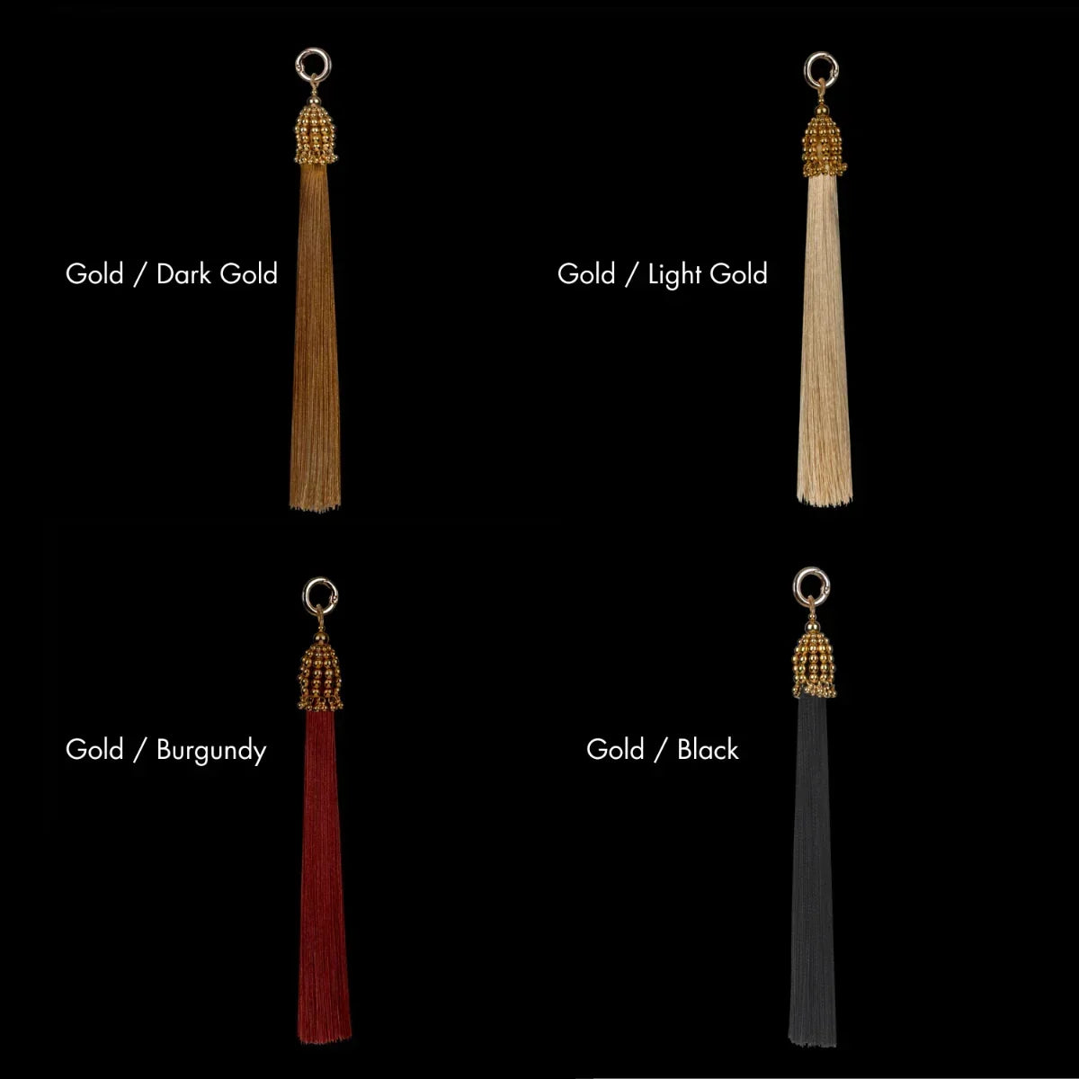 Four 11- inch tassels in four different colors with text color names in white text on a black background. 