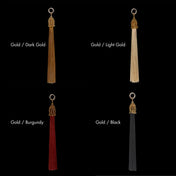 Four 11- inch tassels in four different colors with text color names in white text on a black background. 