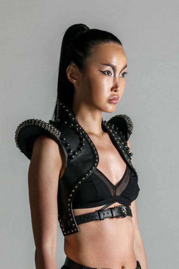 Helios Leather Beaded Bolero Jacket - Jet Black/Silver