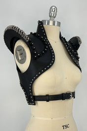beaded premium leather helios bolero jacket by object and dawn in grey background diagonal view