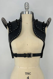 beaded premium leather helios bolero jacket by object and dawn in grey background front view
