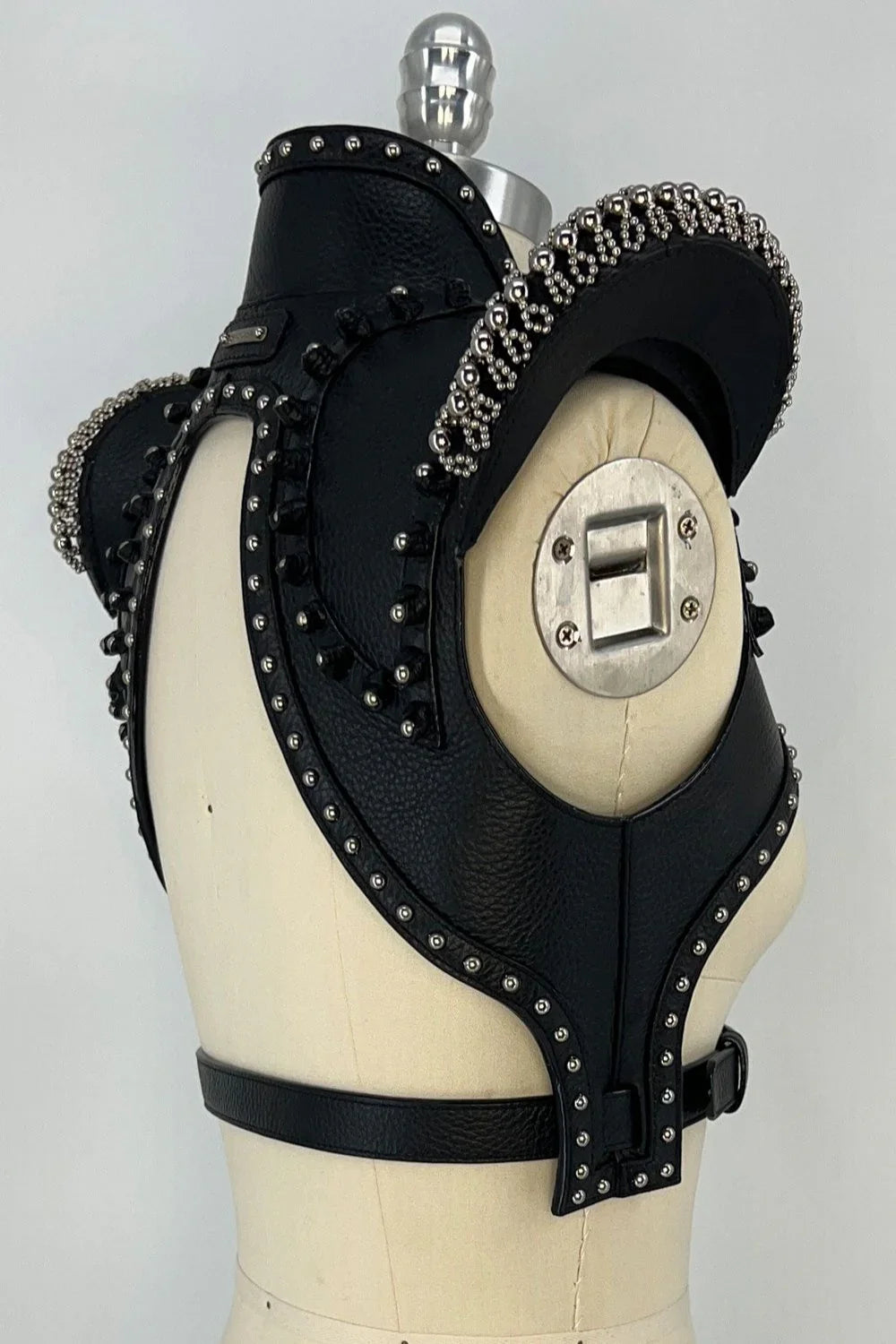 beaded premium leather helios bolero jacket by object and dawn in grey background diagonal back view
