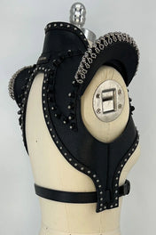 beaded premium leather helios bolero jacket by object and dawn in grey background diagonal back view