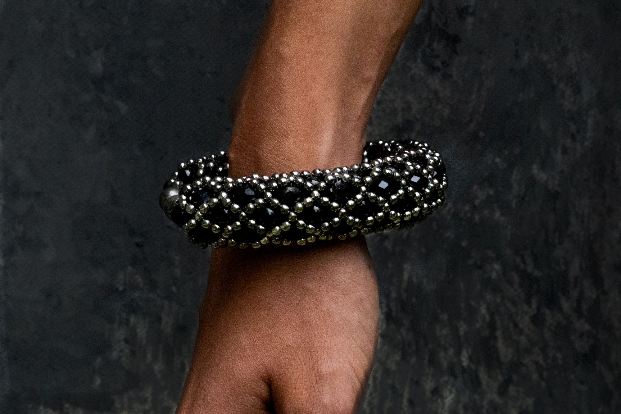 Nyx Cross-Beaded Cuff in Jet Black