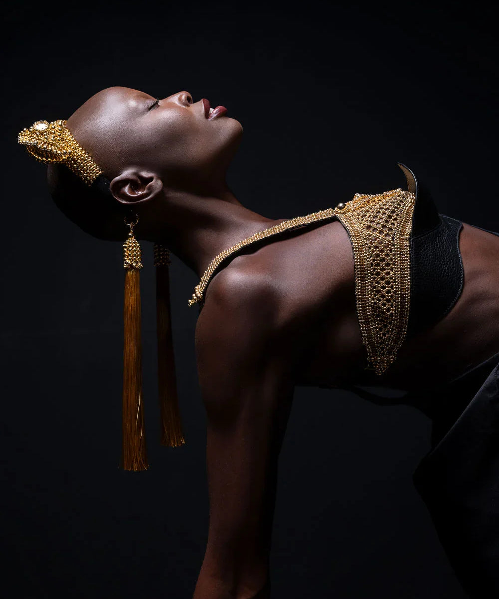 woman wear jas headband gold with removable 11" Polyester tassel gold with dark gold thread by object and dawn