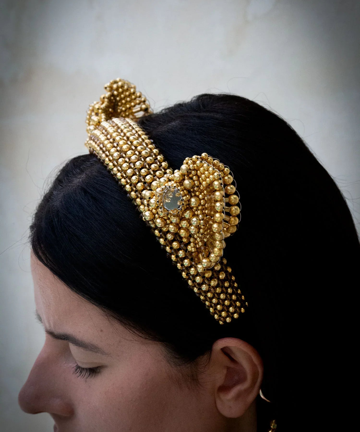 Close up look of beaded detail Jas Headband gold front side by Object & Dawn