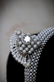 Close up look of beaded detail Jas Headband pear; front side by Object & Dawn