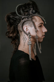 handcrafted jas modular headpiece system with silver coated polymer metal beads and black crystals by object and dawn side view by Object and Dawn