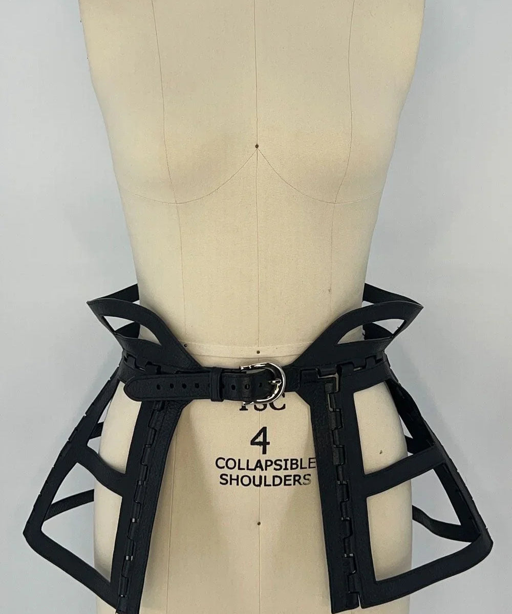 premium leather jas leather cage skirt black on mannequin in white background