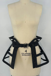premium leather jas leather cage skirt black on mannequin in white background