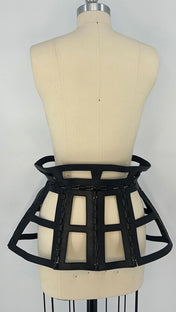 luxury leather jas leather cage skirt in black by object and dawn back view