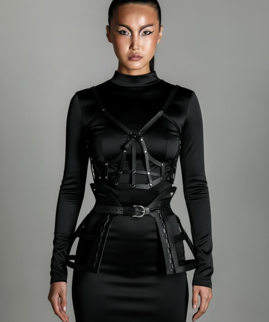 woman with black outfit and modular jas leather cage skirt and top by object and dawn