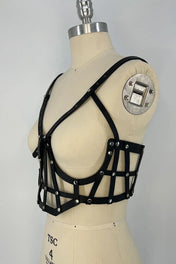 beaded premium leather Jas Studded Cage top by object and dawn on mannequin in white background diagonal side view 