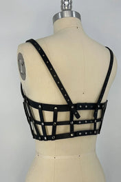 beaded premium leather Jas Studded Cage top by object and dawn on mannequin in white background back view