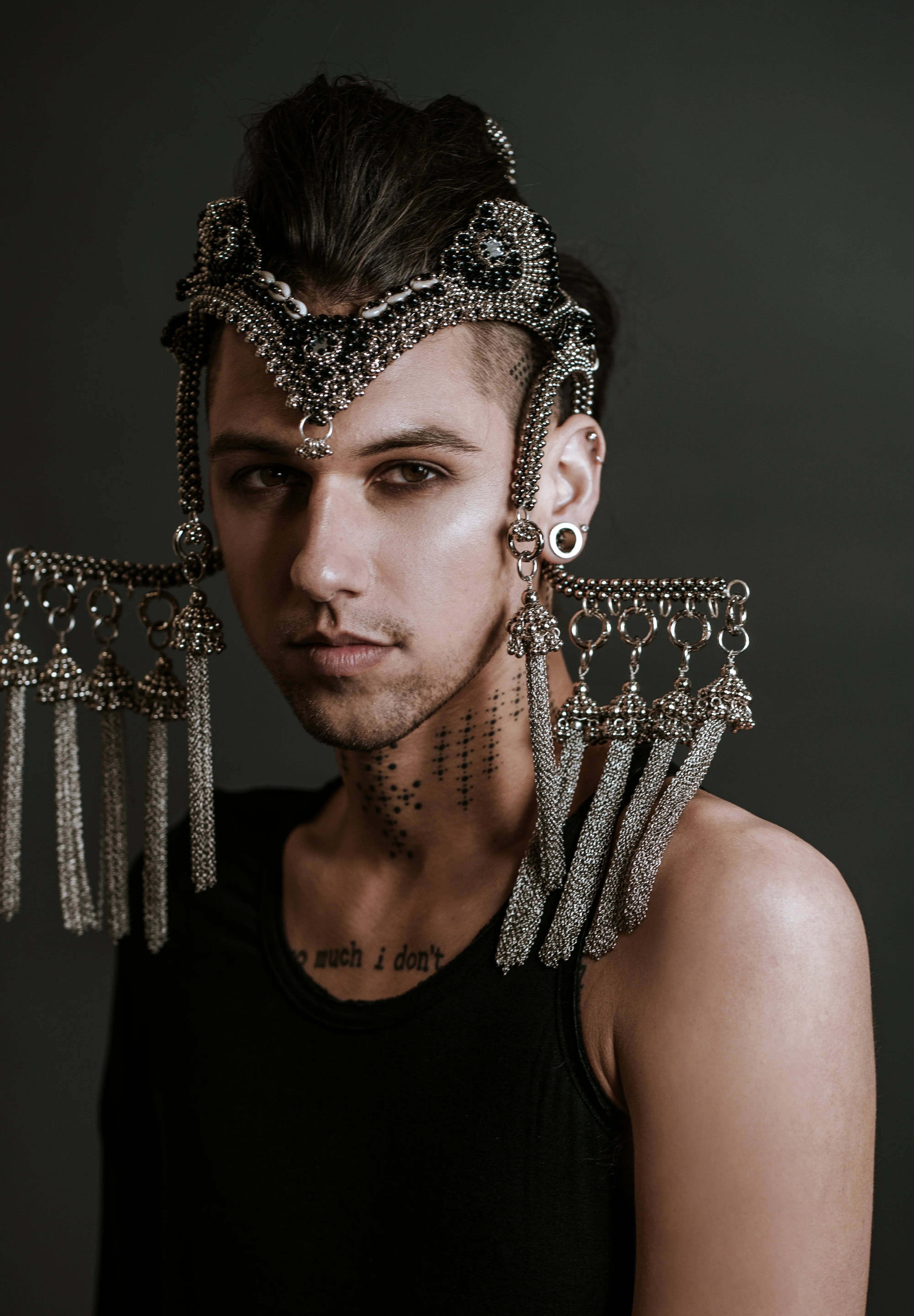 handcrafted jas modular headpiece system with silver coated polymer metal beads and black crystals by object and dawn front