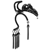 Handcrafted beaded modular headpiece system with beaded chain tassels jet black in white background by Object and Dawn front view