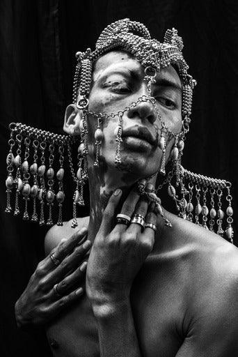 modular beaded jas headpiece system from polymer metal beads from object and dawn in black background worn in black back ground