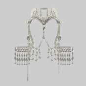 Object and Dawn, modular headpiece system in pearl with removable mask and pearl cowrie tassels in grey background, ghost image front