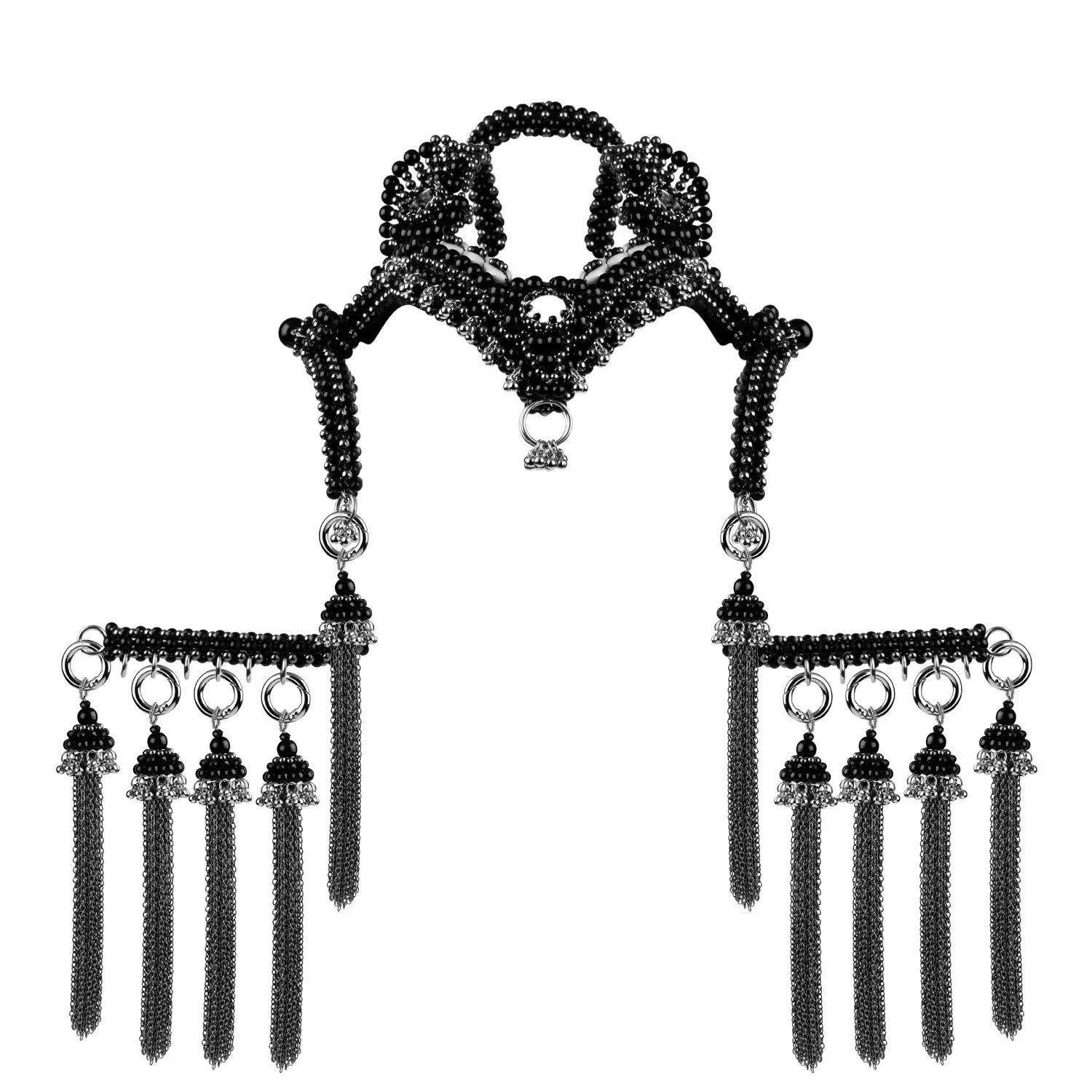 Handcrafted beaded modular headpiece system with beaded chain tassels jet black in white background by Object and Dawn front view