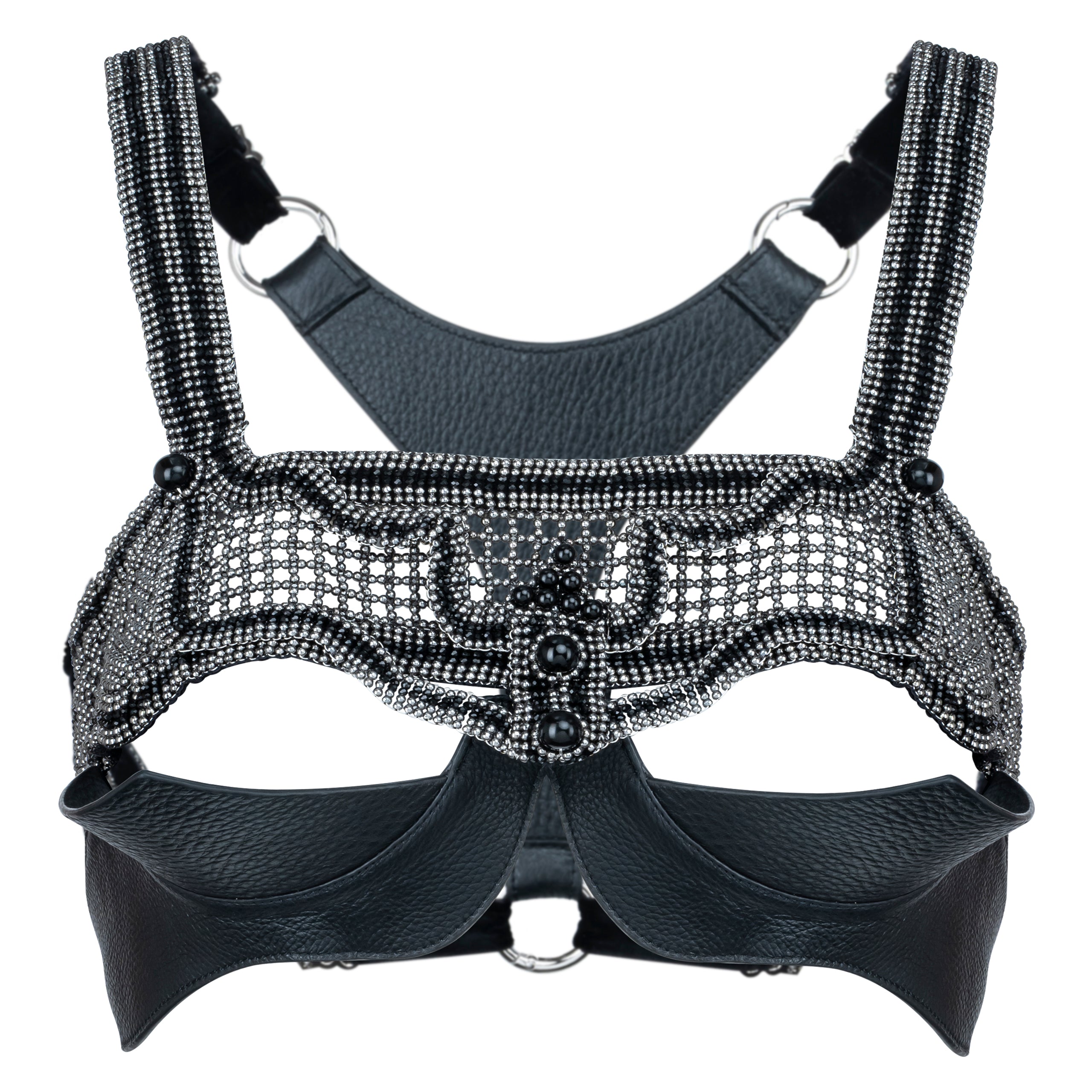 Khutulun Modular Top with leather Bra in jet black, premium handcrafted accessory, ghost image front view