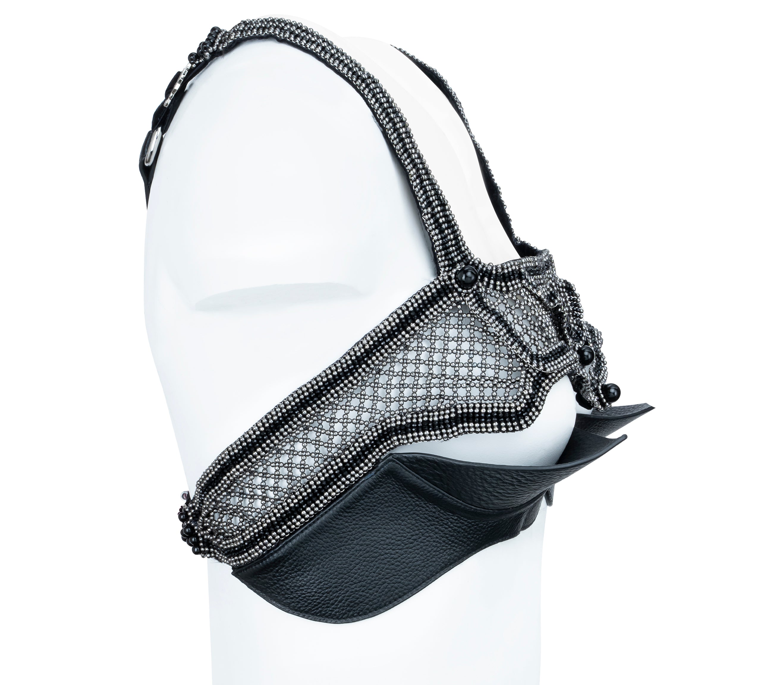 Khutulun Modular Top with leather Bra in jet black, premium handcrafted accessory, ghost image side view by Object and Dawn
