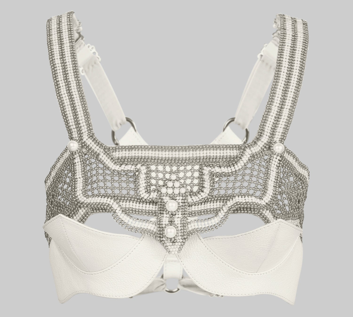 Object & Dawn beaded Khutulun Top with Leather Bra in pearl, contemporary statement accessory, front view