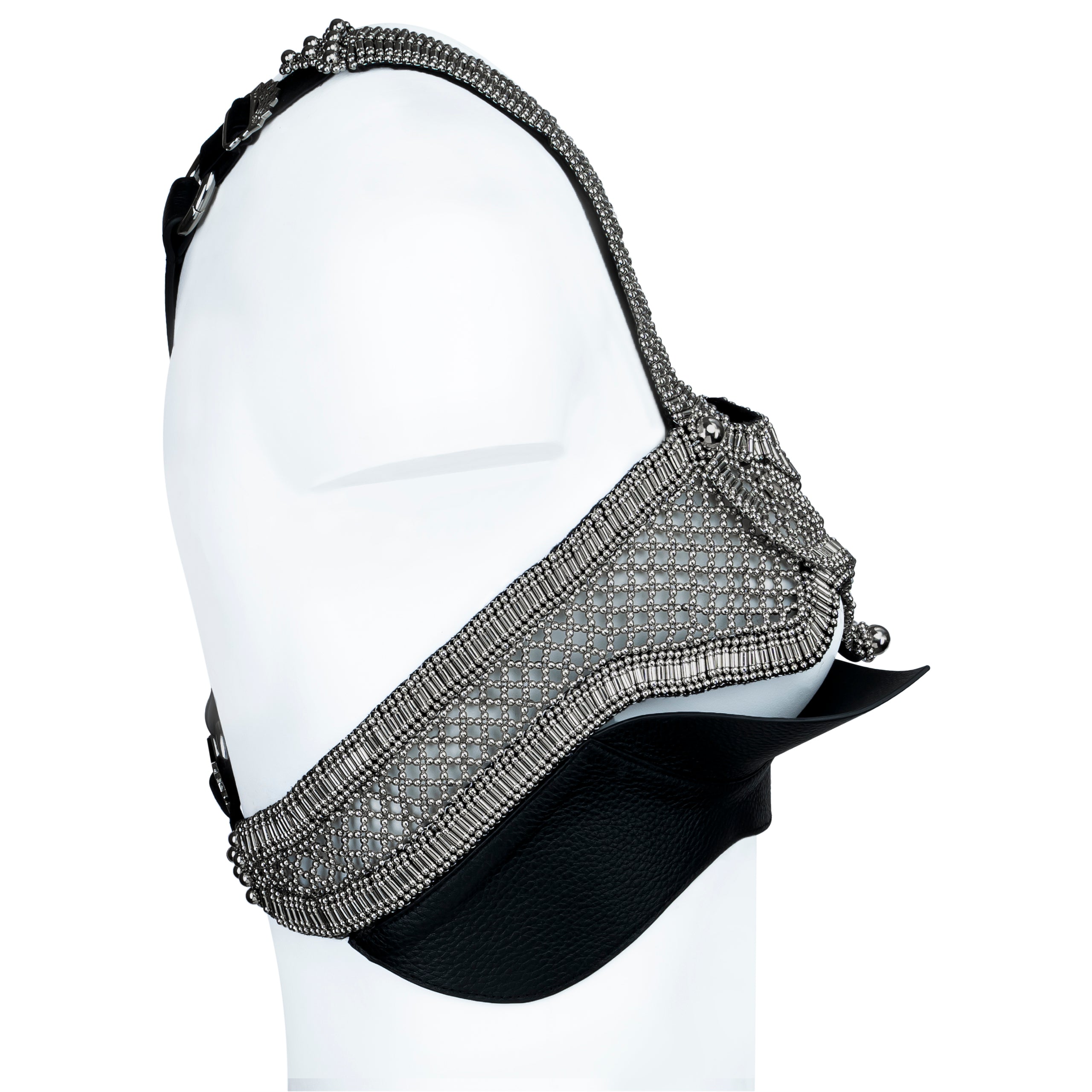 Khutulun Modular Top with leather Bra in silver, statement fashion accessory, ghost image side view by Object and Dawn