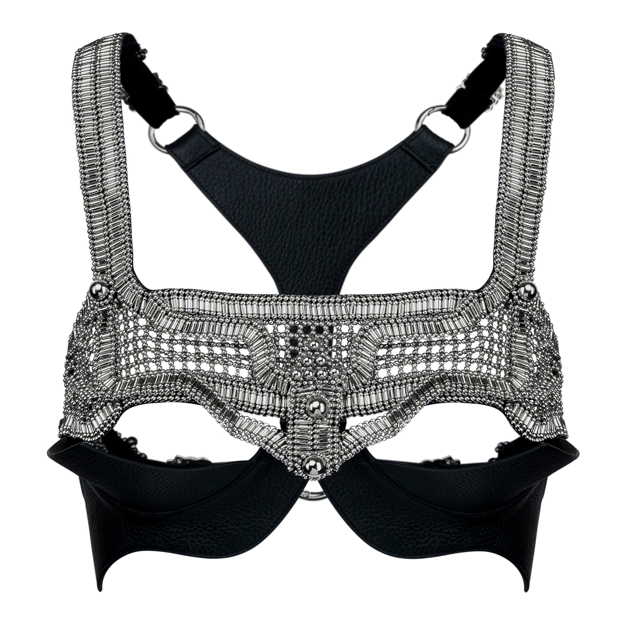 Khutulun Modular Top with leather Bra in silver, premium handcrafted accessory, ghost image front view
