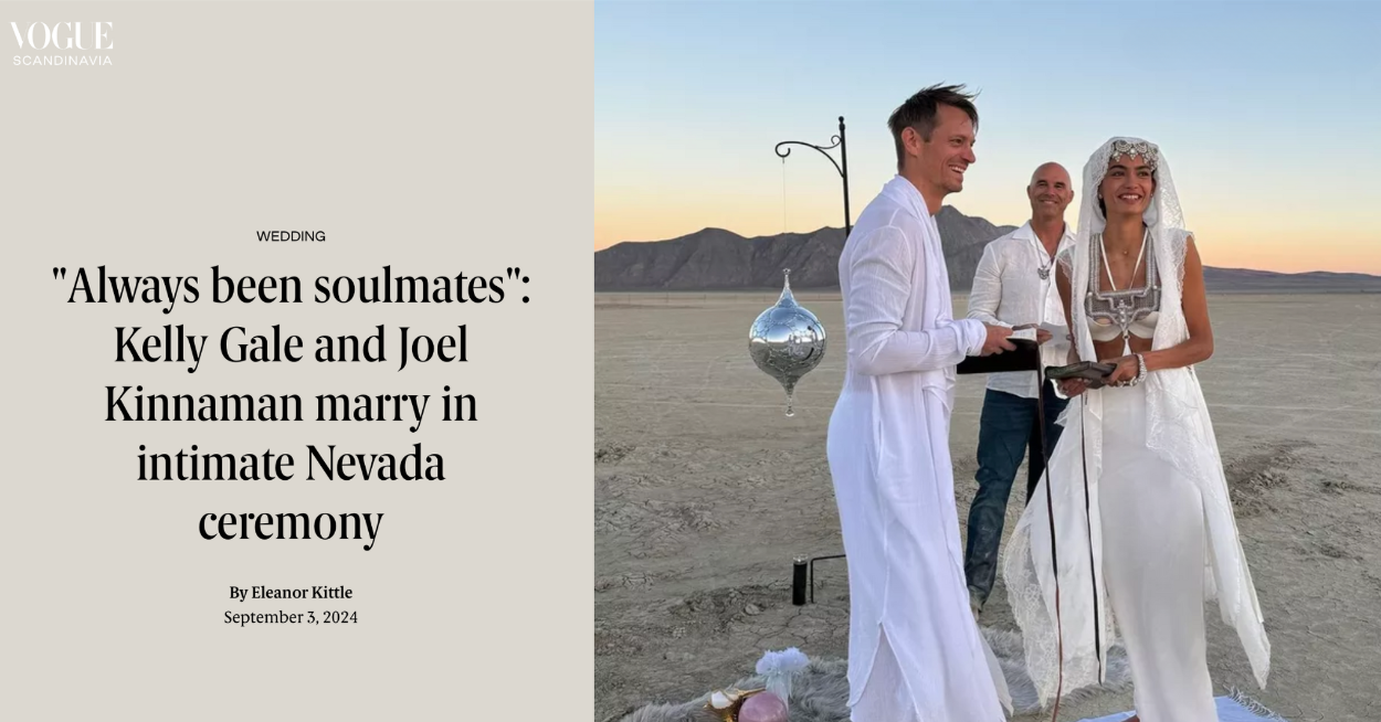 Actor model Kelly Gale and actor Joel Kinneman at their wedding. Gale is wearing a bridal outfit by Object & Dawn.