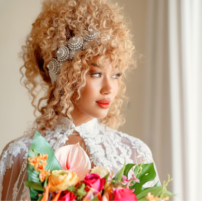 Woman with curly blonde hair wearing a headpiece, holding a bouquet of flowers.
