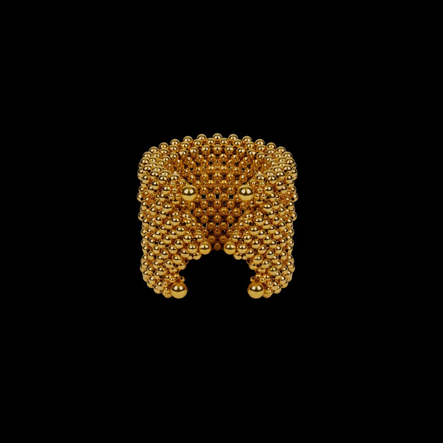 handcraftef khutulun beaded modular 22k gold wash on polymer siler metal beads ghost image side view on black background