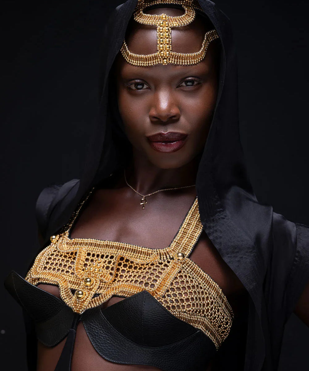 ghost image of gold modular beaded khutulun top with premium leather in white background by object and dawn