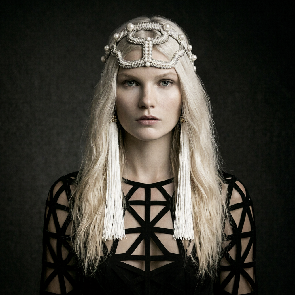 Modular beaded Khutulun headband in Pearl, Luxury artisanal craftsmanship accessory, worn view by Object and Dawn
