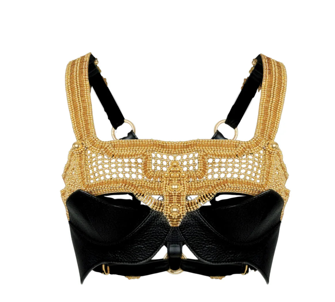ghost image of gold modular beaded khutulun top with premium leather in white background by object and dawn