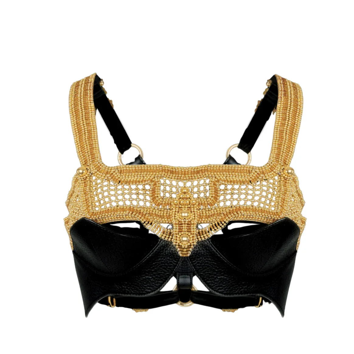 ghost image of gold modular beaded khutulun top with premium leather in white background by object and dawn