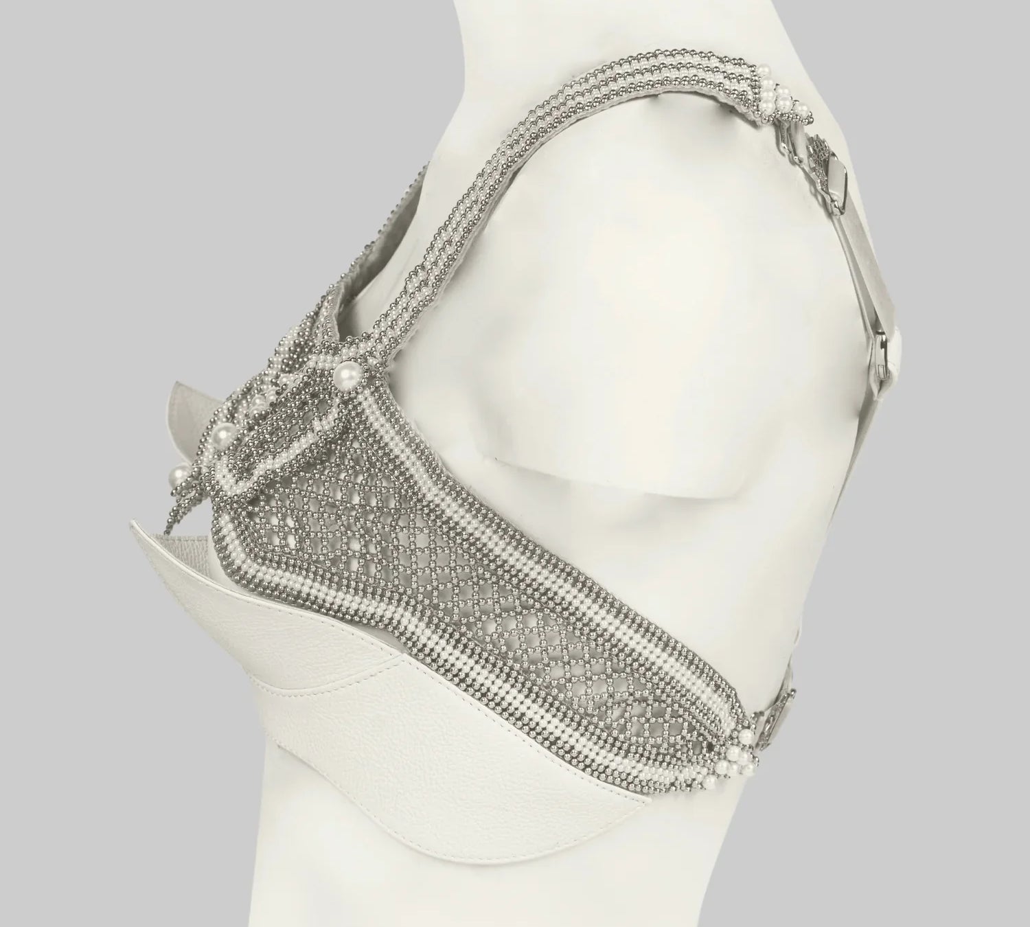 Object & Dawn beaded Khutulun Top with Leather Bra in pearl on mannequin, contemporary statement accessory, side view