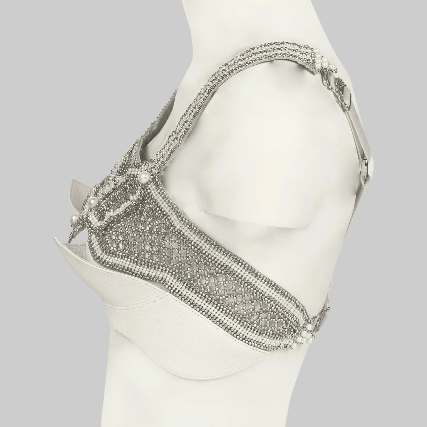 Object & Dawn beaded Khutulun Top with Leather Bra in pearl on mannequin, contemporary statement accessory, side view