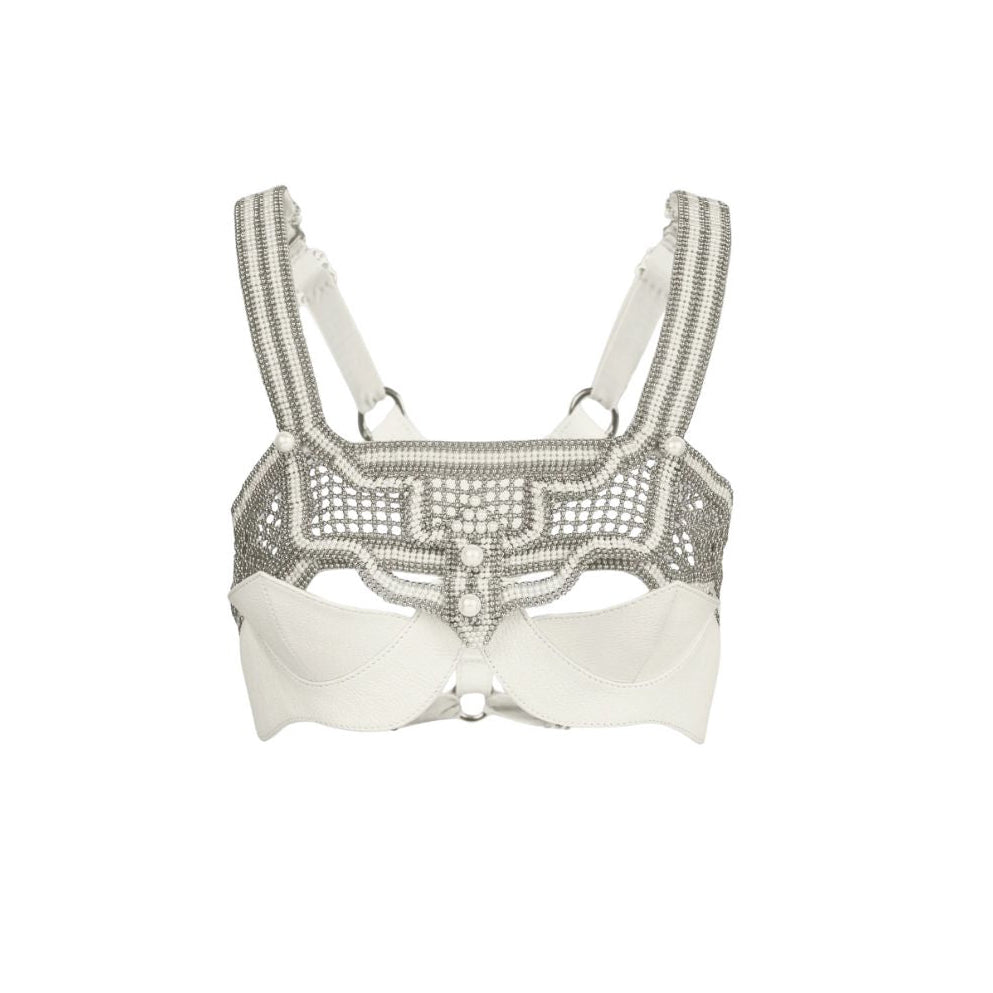 Pearl Khutulun top by Object & Dawn featuring beaded mesh harness, front view ghost image