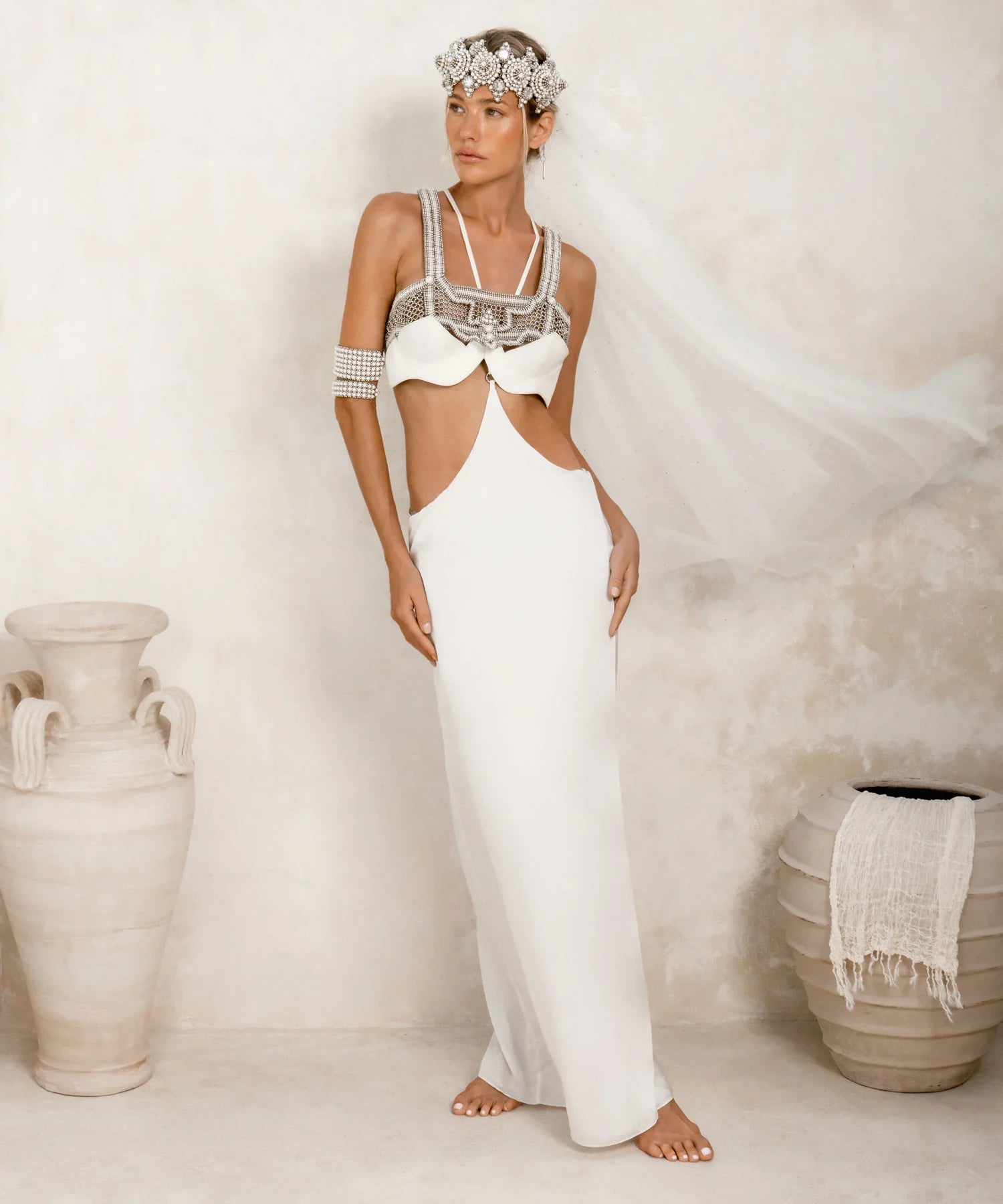 woman in bridal outfit with luxury modular harness and eingana crown from object and dawn 
