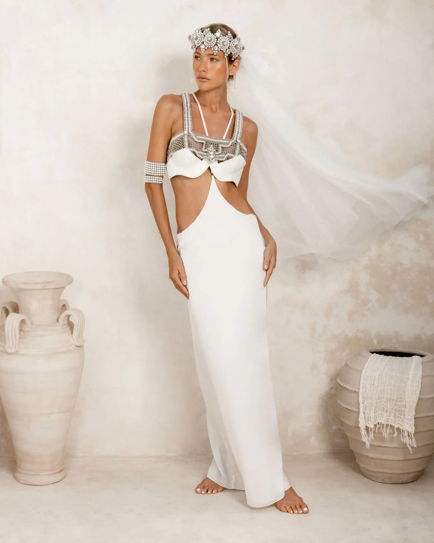 woman in bridal outfit with luxury modular harness and eingana crown from object and dawn 