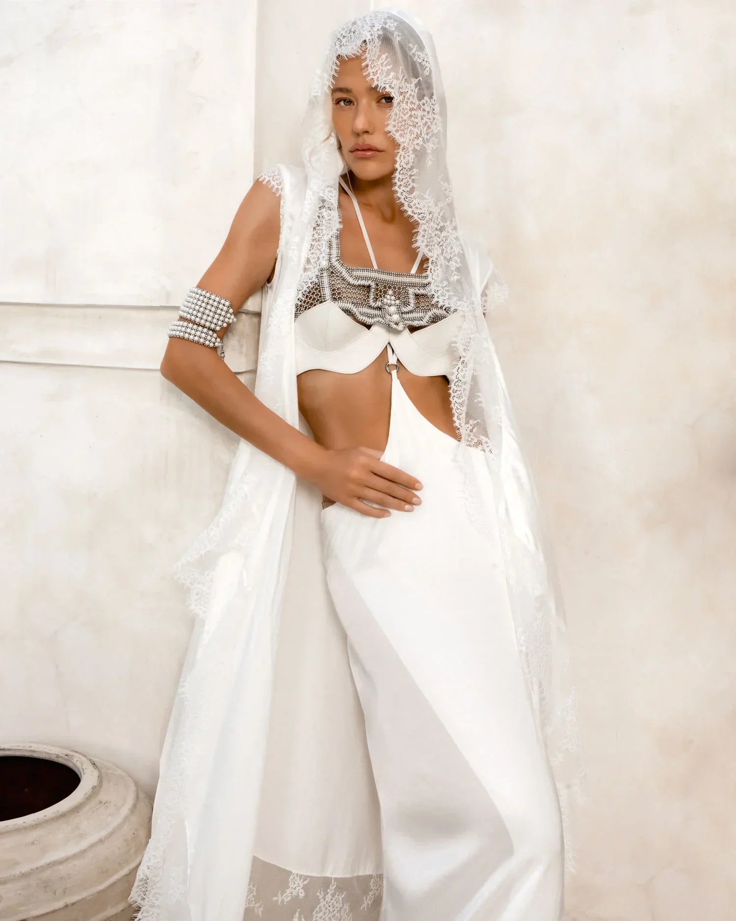 bridal union by object and dawn modular beaded top with tamoe silk harness skirt and pearl cuffs