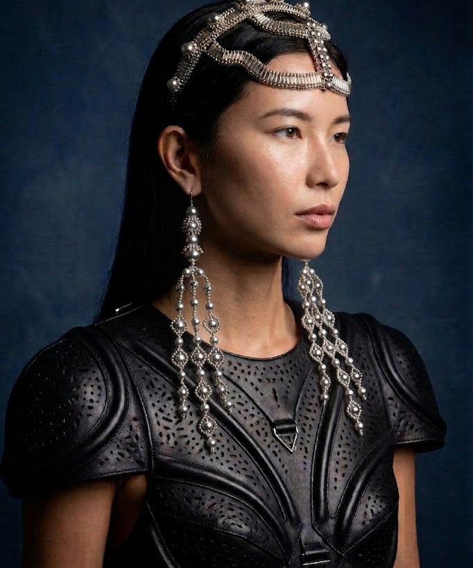 Object & Dawn beaded headband in silver with triniry medallion, premium editorial accessory, worn view