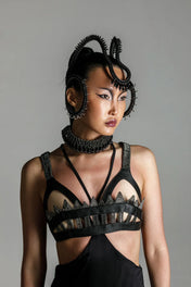 beaded headpiece helios black on woman with grey background by object and dawn