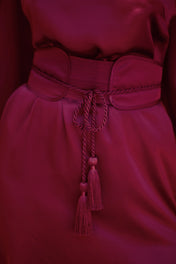 Object & Dawn close up of Mineko short kimono and obi belt wih assymetrical dress in bugundy