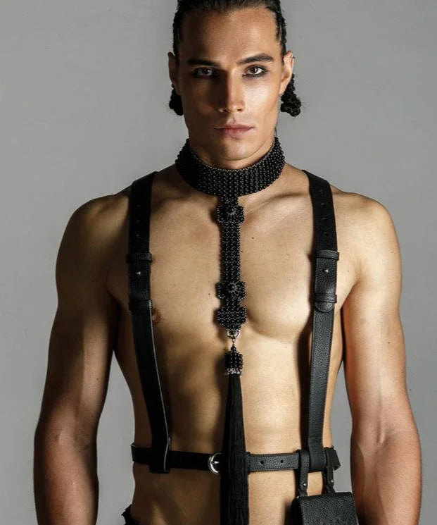 mens collection by object and dawn handcrafted beaded t-choker and zheng leather harness with iphone bag