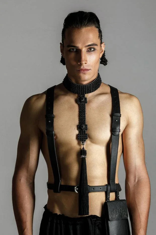mens collection by object and dawn handcrafted beaded t-choker and zheng leather harness with iphone bag