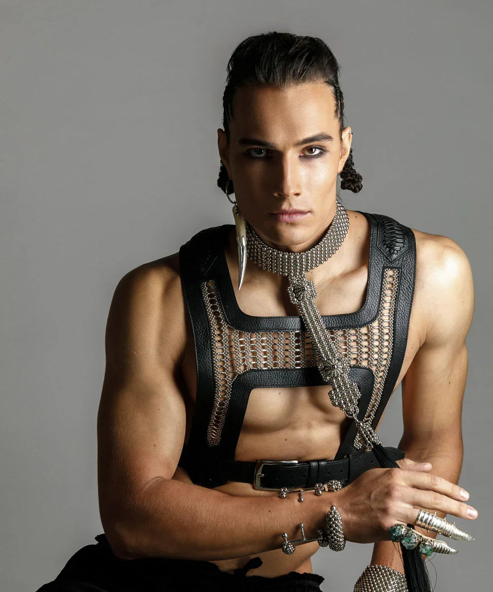 mens collection by object and dawn handcrafted beaded t-choker and yusuke beaded harness 