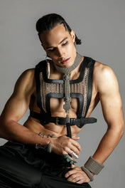 mens collection by object and dawn handcrafted beaded t-chokersilver with yusuke harness and cuffs 