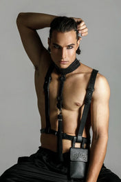 mens collection by object and dawn handcrafted beaded t-choker and zheng leather harness with iphone bag