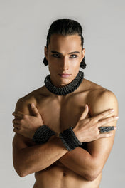 men wears handcrafted helios optical 4d choker by object and dawn